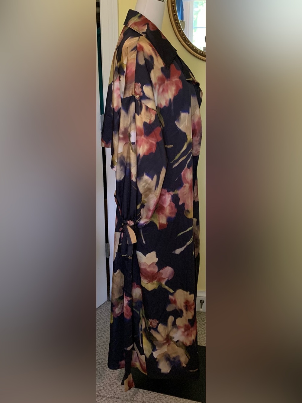 Zara Accessories WrapTrench Coat Duster Tie Sleeve Deep Blue Black AbstractPrint - Picture 9 of 16